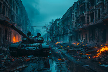 Desolate Night: Wrecked Tanks and Ruined Buildings in Post-WW2 European City - obrazy, fototapety, plakaty