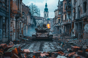 Desolate aftermath: Nighttime wreckage in war-torn European city, tanks ablaze amidst ruins - obrazy, fototapety, plakaty