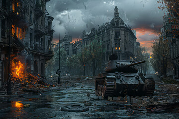 Desolate Night: Ruined European Cityscape with Burning Tank Wrecks