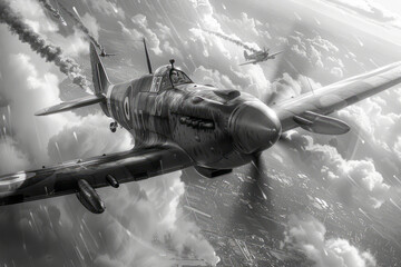 Sky's Fury: The Epic Battle of Britain in WWII Captured in Stunning Monochrome - obrazy, fototapety, plakaty
