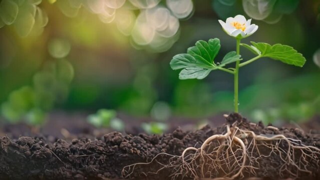 young flower growing in rich soil with roots showing Generative AI