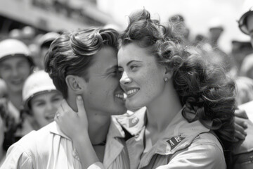 1945 Victory Celebration: Soldier Embraces Nurse Girlfriend in Joyful Crowd Moment