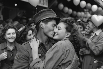 1945 Victory Celebration: Soldier's Emotional Reunion with Nurse Girlfriend Captured in Heartwarming Crowd Moments - obrazy, fototapety, plakaty