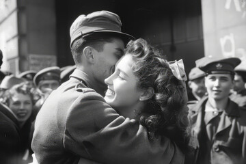 Obraz na płótnie Canvas 1945 Victory Celebration: Soldier's Embrace Captured in Joyful Crowd Moment with Nurse Girlfriend