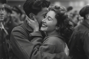 Embracing Victory: A Soldier's Reunion with His Nurse Girlfriend at the 1945 World War II Celebration