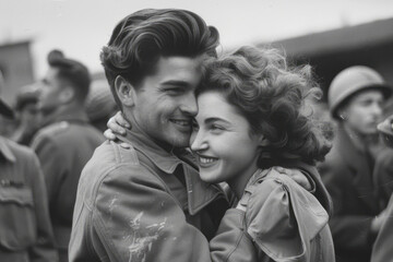 1945 Victory: Soldier's Embrace Captured in Joyful Crowd Moment with Nurse Girlfriend