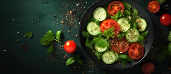 A bowl of fresh salad with tomatoes, cucumbers, and herbs