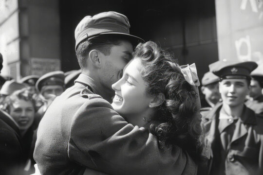 1945 Victory Celebration: Soldier's Embrace Captured in Joyful Crowd Moment with Nurse Girlfriend