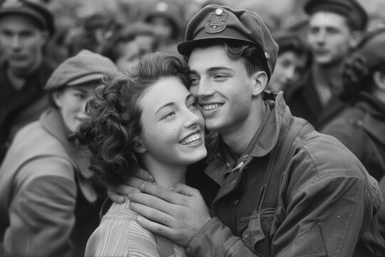 1945 Victory Celebration: Soldier's Reunion with Nurse Girlfriend Captured in Joyful Crowd Moments