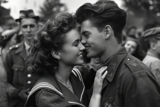 1945 Victory Celebration: Soldier's Embrace Captured in Joyful Crowd Moments with Nurse Girlfriend
