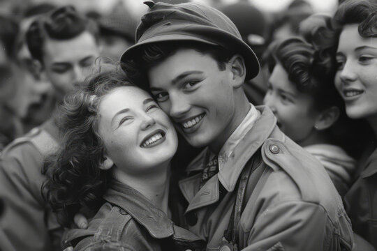 1945 Victory Celebration: Soldier's Embrace Captured in Crowd's Joyful Moments