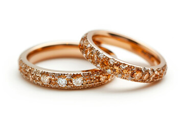 Exquisite Gold Wedding Bands Adorned with Gemstones on a Pure White Background, Radiating Elegance and Sophistication