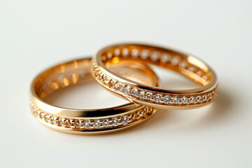 Exquisite Gold Wedding Bands Adorned with Gemstones on a Pure White Background, Capturing Timeless Elegance