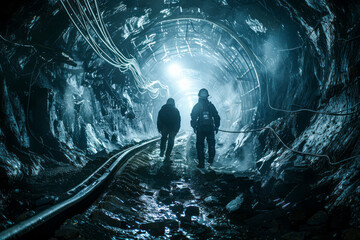 Exploring the Depths: Three Miners Exiting a Mining Shaft - obrazy, fototapety, plakaty