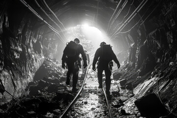Three miners exiting a subterranean mine: a visual narrative of hard work and perseverance captured in stunning detail - obrazy, fototapety, plakaty
