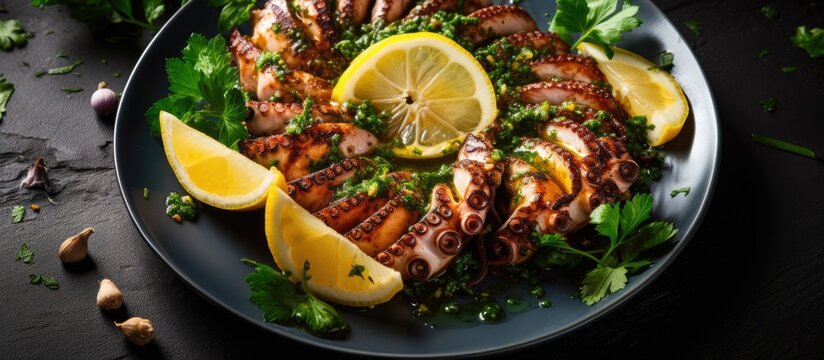Plate of octopus with lemon slices and parsley