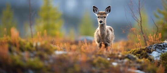 Small deer in the grass on a hill