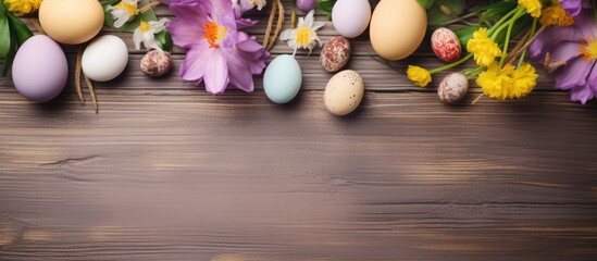 Eggs and flowers on table, Easter holidays concept