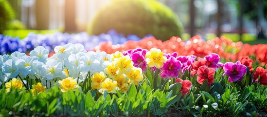 Colorful garden flowers with radiant sunlight