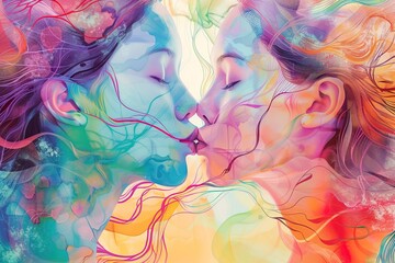 Fototapeta na wymiar Side view of two women kissing with watercolor rainbow illustration background. Pride month concept