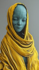 A stylized portrait of an alien figure draped in a vibrant yellow scarf, presenting an aura of mystery and tranquility.