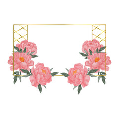 Golden frame with pink peony flowers.Vector graphics.