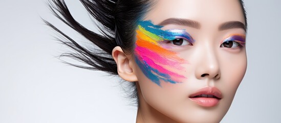 Woman adorned with vibrant makeup and feather on face