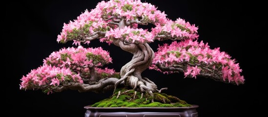 A beautiful bonsai tree with pink flowers on a mossy base