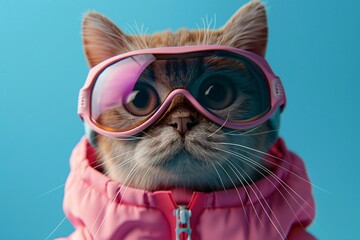 a cat wearing goggles and a pink jacket