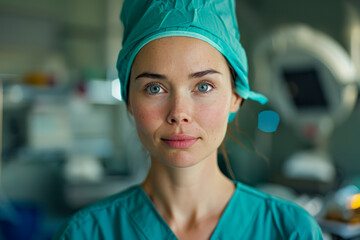 Female surgeon in operation theater posing for camera. - obrazy, fototapety, plakaty
