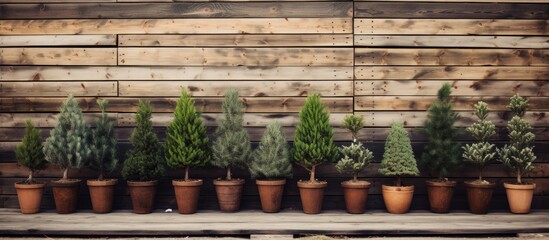 Group of potted plants on wooden bench - obrazy, fototapety, plakaty