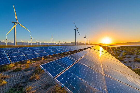 Renewable Energy Horizon: Stunning Sunrise/Sunset Photo of Solar Panels and Wind Turbines in Expansive Landscape