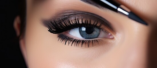 Naklejka premium Close-up of woman's eye with mascaras, makeup artist applying liquid eyeliner