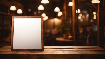 Blank white menu board on wooden table on blurred interior cafe background