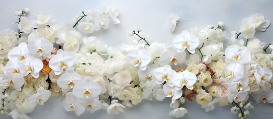 Flowers arranged on wall with white and pink flowers