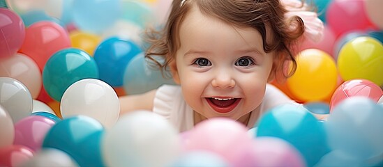Young girl joyfully playing in a pit filled with colorful balloons - obrazy, fototapety, plakaty