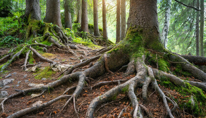 Close-up of forest floor with big tree trunk roots. Beautiful nature. Spring or summer season....
