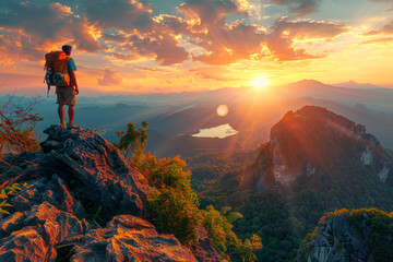 Adventurous man admiring scenic sunset view from cliff top in summer mountains with backpack - obrazy, fototapety, plakaty