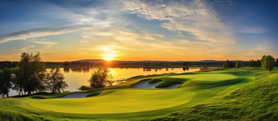 Sunset view of a golf course with a lake in the background - Powered by Adobe