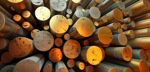 Shiny metallic cylinders in warm tones create an abstract, reflective surface. - obrazy, fototapety, plakaty