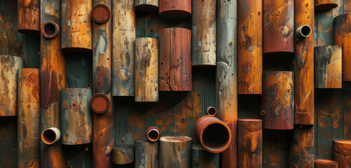 A pattern of 3D cylinders in earthy tones creating an abstract background. - obrazy, fototapety, plakaty