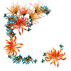 Watercolor decorative frame with hand drawn exotic flowers, chrysanthemums. Design for textile,  fabric, cards, banners, icons, posters, invitations.