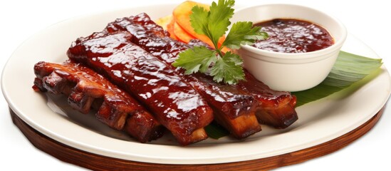 Platter of ribs and veggies with savory sauce and carrots