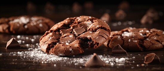 Chocolate cookies with sea salt and chocolate chips on a table - obrazy, fototapety, plakaty