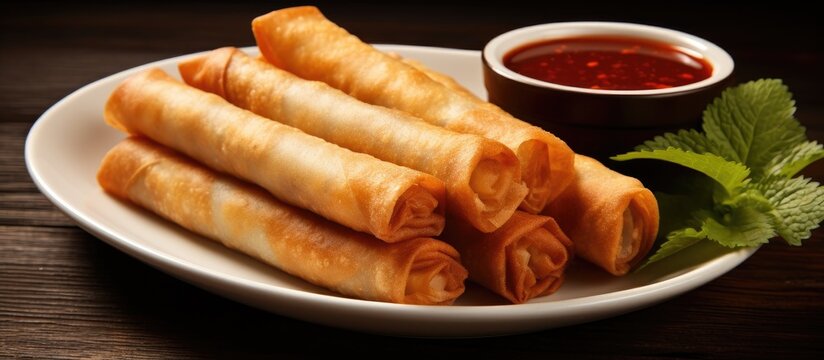Close-up of a plate of dynamite lumpia with dipping sauce