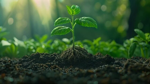 green seedling young plant growing in rich soil, spring and enviroment concept Generative AI