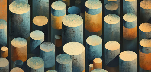 Abstract cylinders with a grunge texture overlaid by luminous circles.