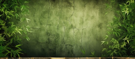 Bamboo frame with fresh leaves against a weathered wall