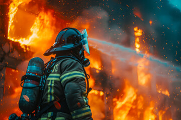 Brave firefighter in action extinguishing flames at burning structure - obrazy, fototapety, plakaty
