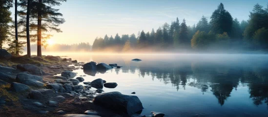 Fotobehang Sunrise over serene lake with rocks and trees © Ilgun